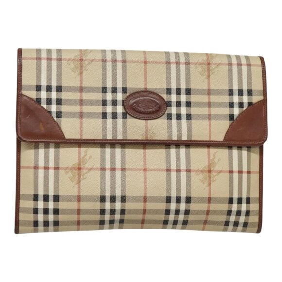 Burberrys Nova Check Clutch Bag PVC Leather Beige Brown Auth 92593 - Picture 1 of 14
